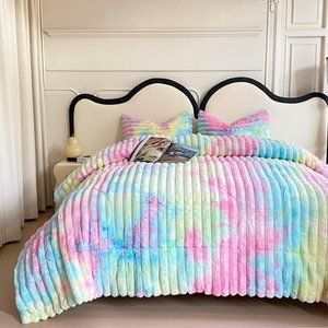 Soft Cotton Candy Faux Fur Bedding Bubblegum Comforter Shams Set King Size Bed